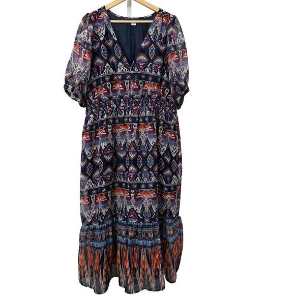 Old Navy Maxi Dress XL Aztec Southwestern Blue Boho - Picture 1 of 14
